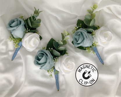 Soft Dusty Blue Rose Magnetic Clip-On Boutonniere