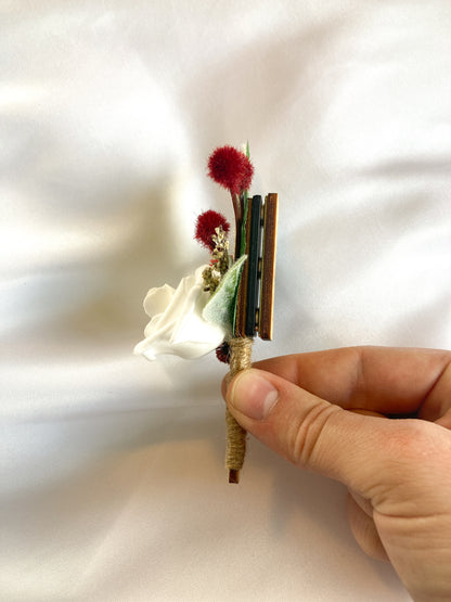 White Rose and Burgundy Magnetic Clip-On Boutonniere