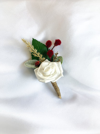 White Rose and Burgundy Magnetic Clip-On Boutonniere