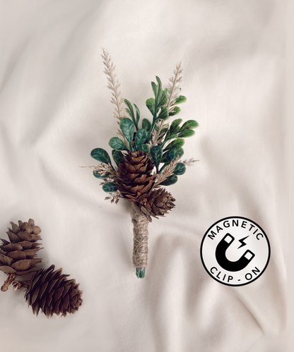 Double Pinecones with Greenery Magnetic Clip-On Boutonniere