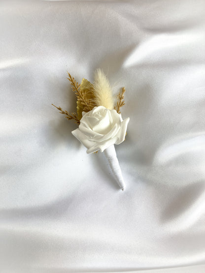 Gold + White Rose Magnetic Clip-On Boutonniere