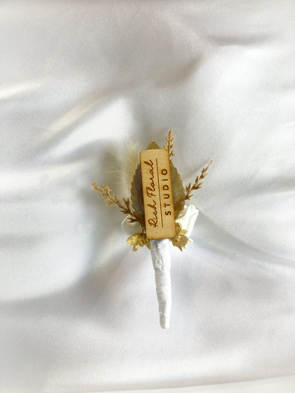 Gold + White Rose Magnetic Clip-On Boutonniere