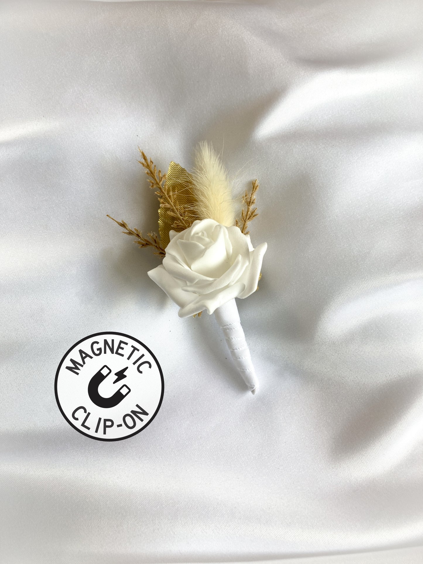 Gold + White Rose Magnetic Clip-On Boutonniere