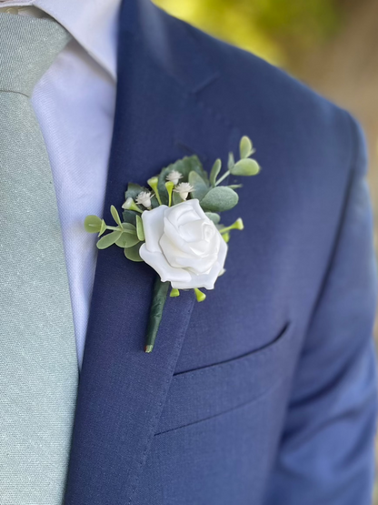 White Rose + Green Eucalyptus Magnetic Mens Wedding Boutonniere