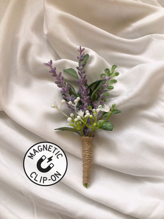 Lavender with Greenery Magnetic Clip-On Boutonniere