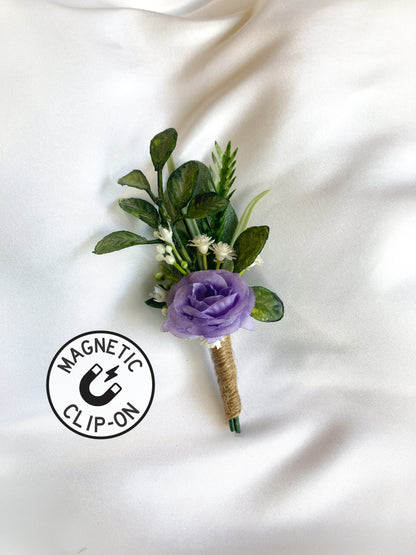 Purple Rose Magnetic Clip-On Boutonniere