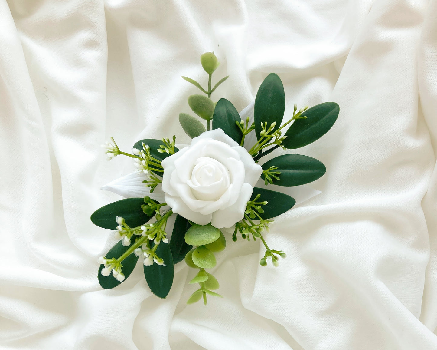 White Rose + Green Eucalyptus Wrist Corsage