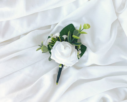 White Rose + Green Eucalyptus Magnetic Mens Wedding Boutonniere