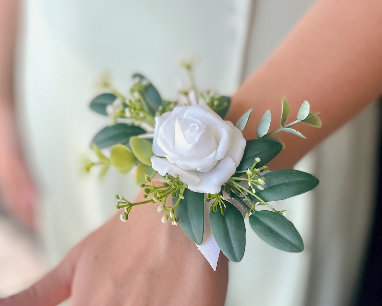 White Rose + Green Eucalyptus Wrist Corsage