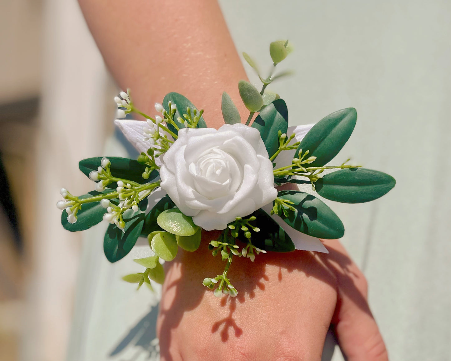 White Rose + Green Eucalyptus Wrist Corsage