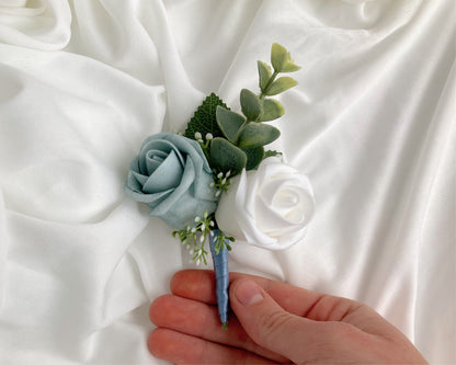 Soft Dusty Blue Rose Magnetic Clip-On Boutonniere