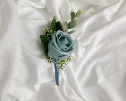 Soft Dusty Blue Rose Magnetic Clip-On Boutonniere