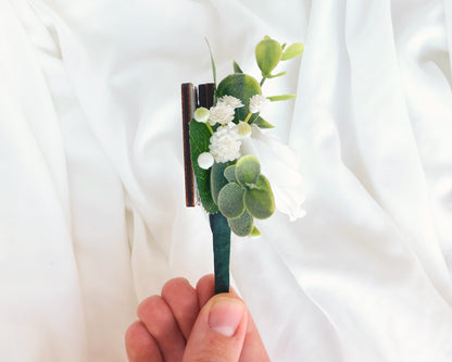 White Rose + Green Eucalyptus Magnetic Mens Wedding Boutonniere