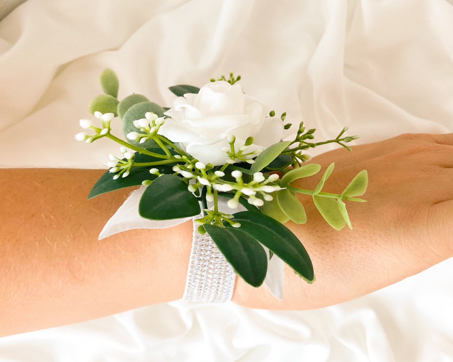 White Rose + Green Eucalyptus Wrist Corsage