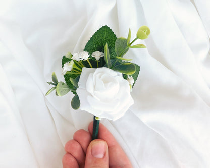 White Rose + Green Eucalyptus Magnetic Mens Wedding Boutonniere