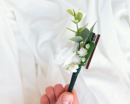 White Rose + Green Eucalyptus Magnetic Mens Wedding Boutonniere