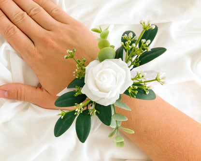 White Rose + Green Eucalyptus Wrist Corsage