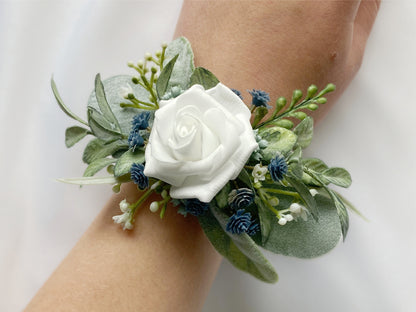 Dusty Blue + White Wrist Corsage