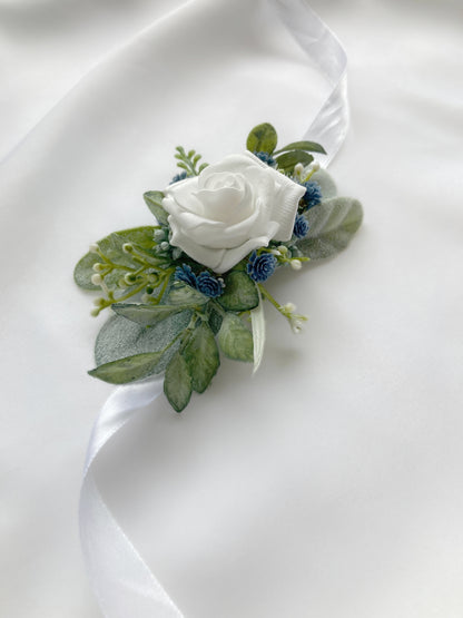 Dusty Blue + White Wrist Corsage