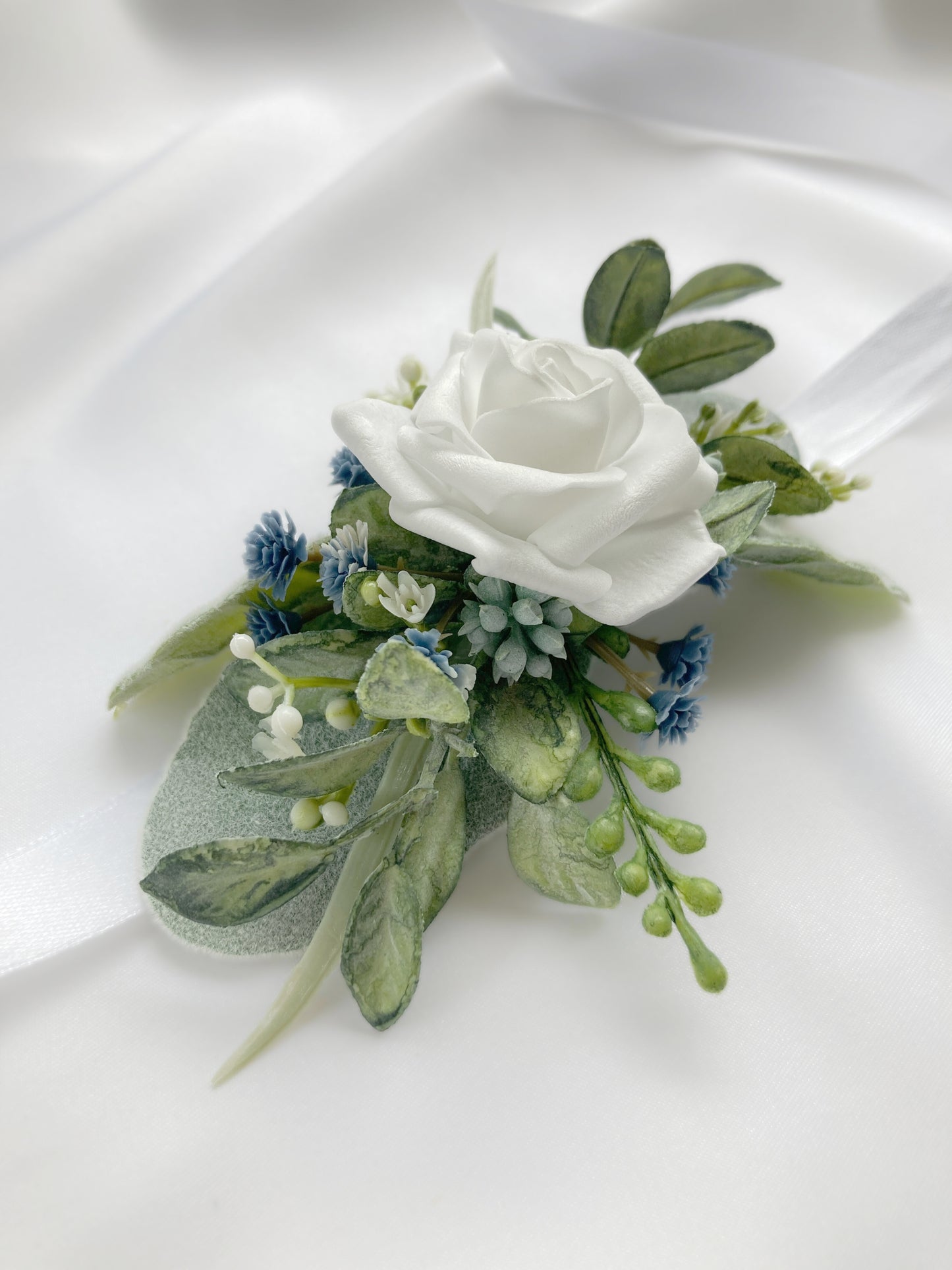 Dusty Blue + White Wrist Corsage