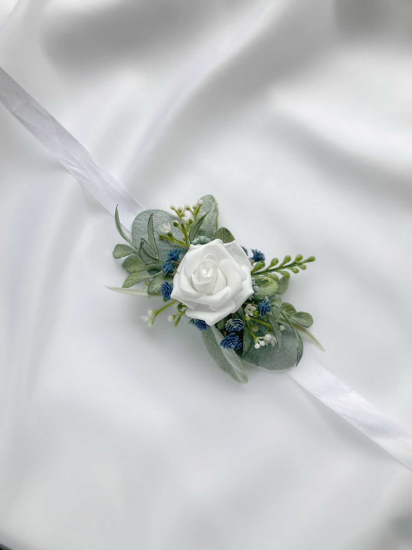 Dusty Blue + White Wrist Corsage