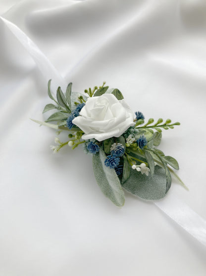 Dusty Blue + White Wrist Corsage