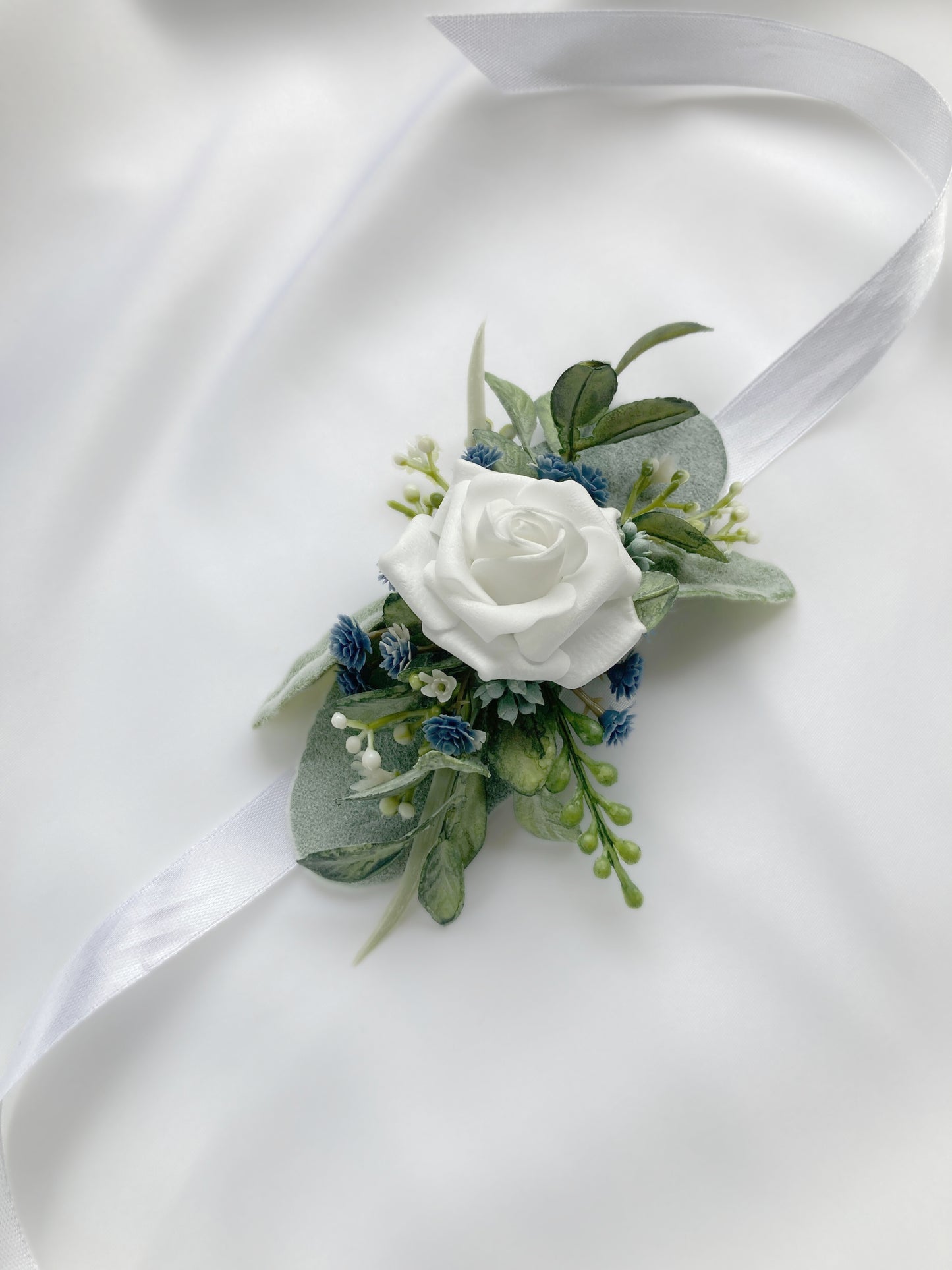 Dusty Blue + White Wrist Corsage