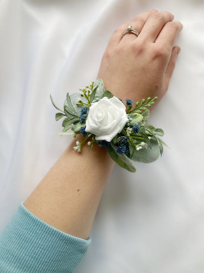 Dusty Blue + White Wrist Corsage