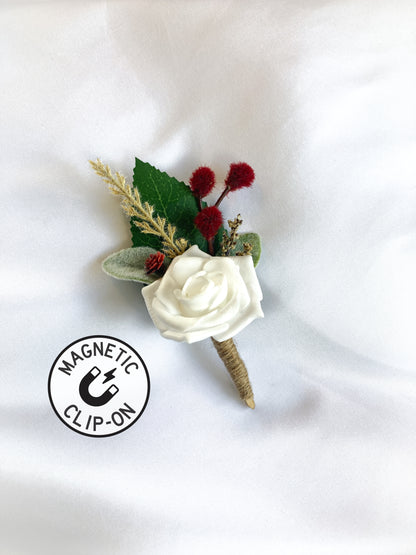 White Rose and Burgundy Magnetic Clip-On Boutonniere