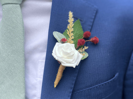 White Rose and Burgundy Magnetic Clip-On Boutonniere