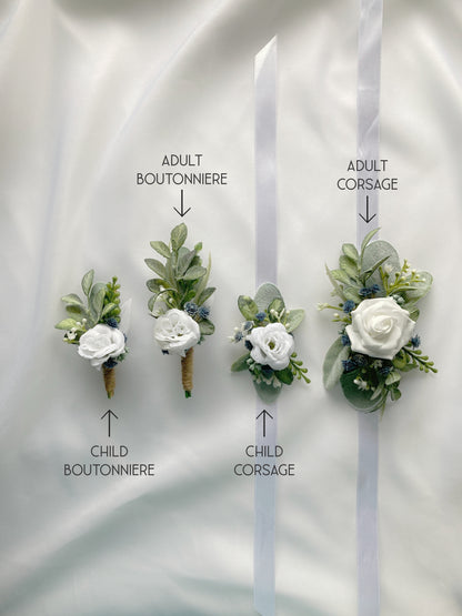 Small Dusty Blue + White Child-Sized Wrist Corsage