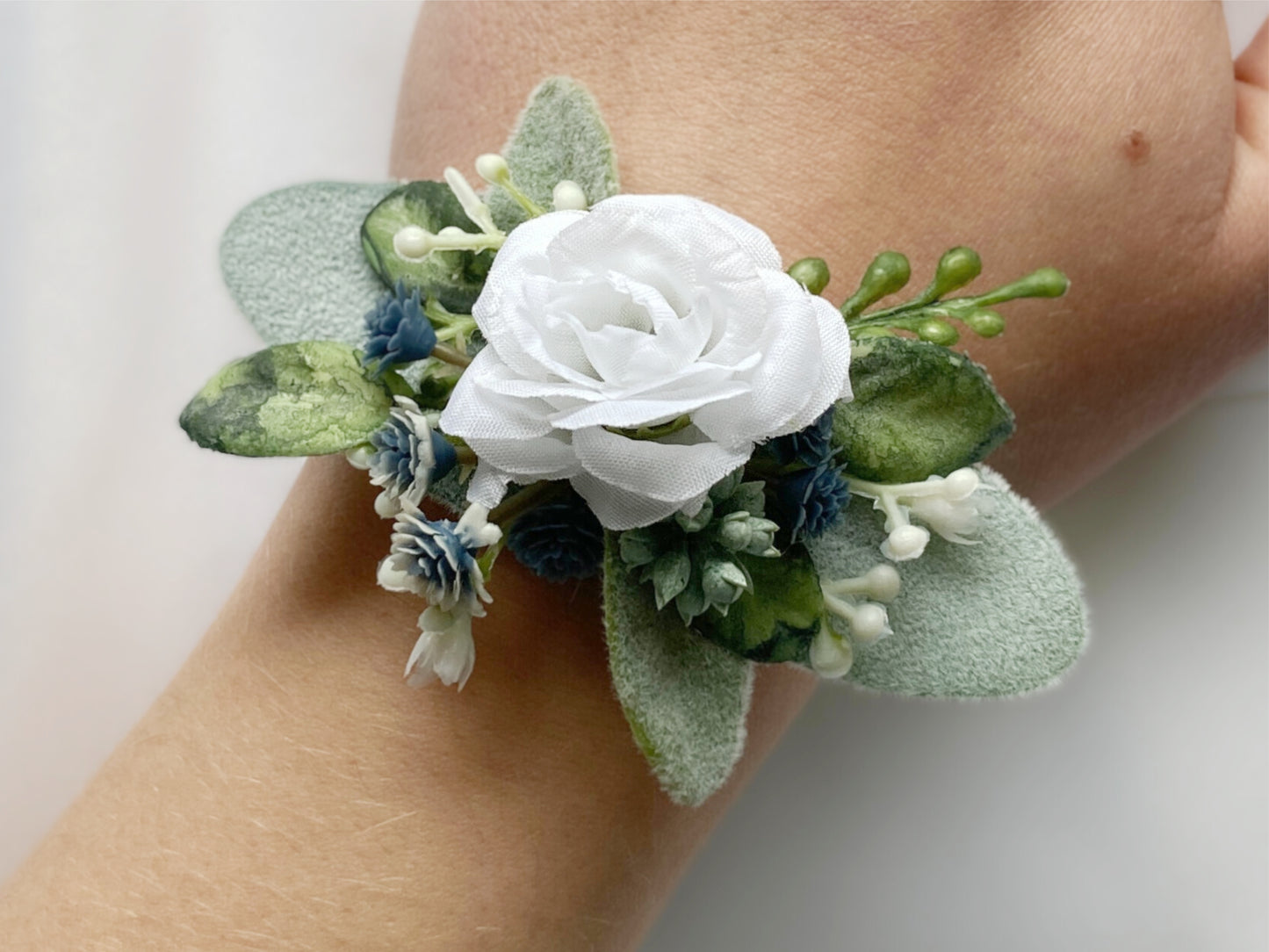 Small Dusty Blue + White Child-Sized Wrist Corsage