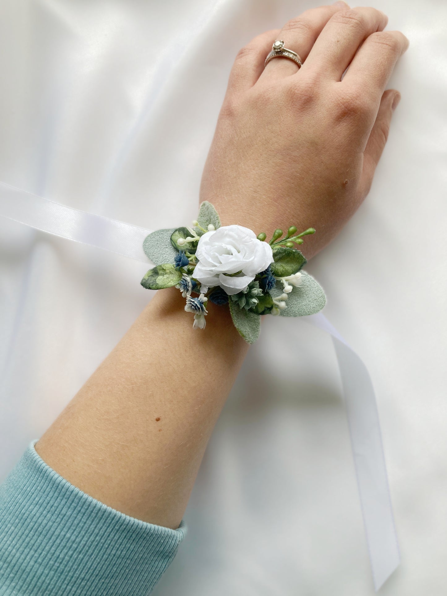 Small Dusty Blue + White Child-Sized Wrist Corsage