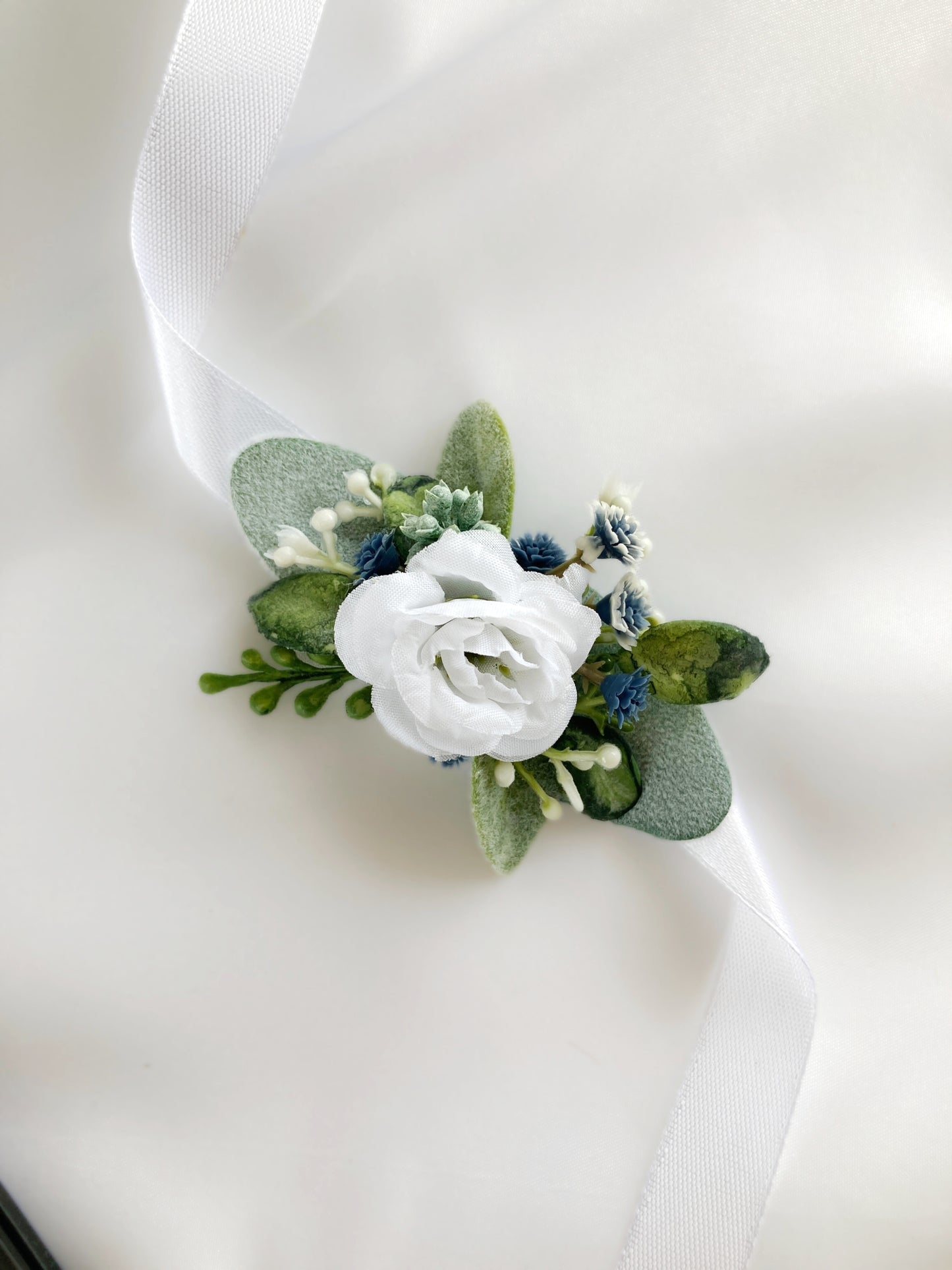 Small Dusty Blue + White Child-Sized Wrist Corsage