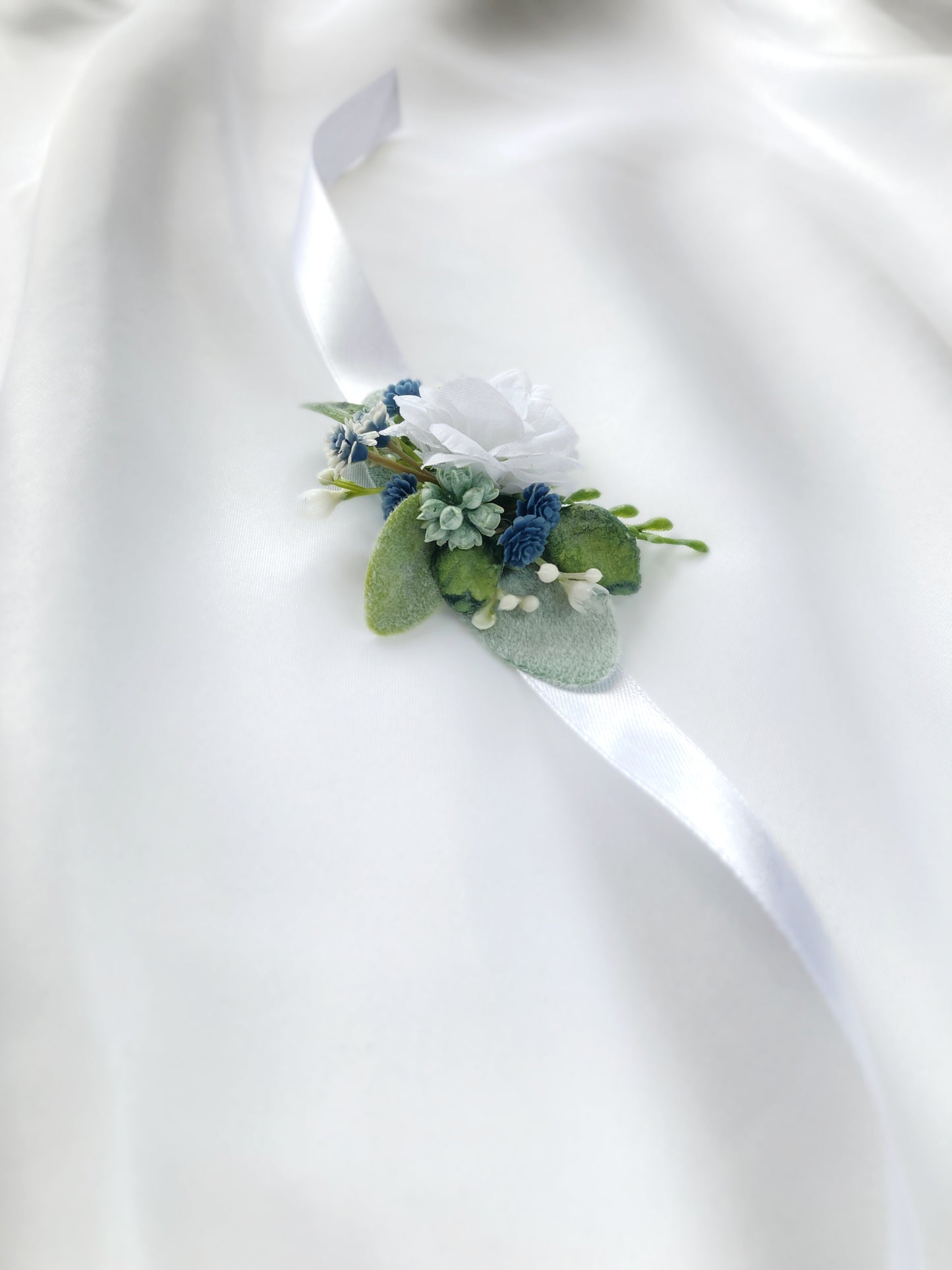 Small Dusty Blue + White Child-Sized Wrist Corsage