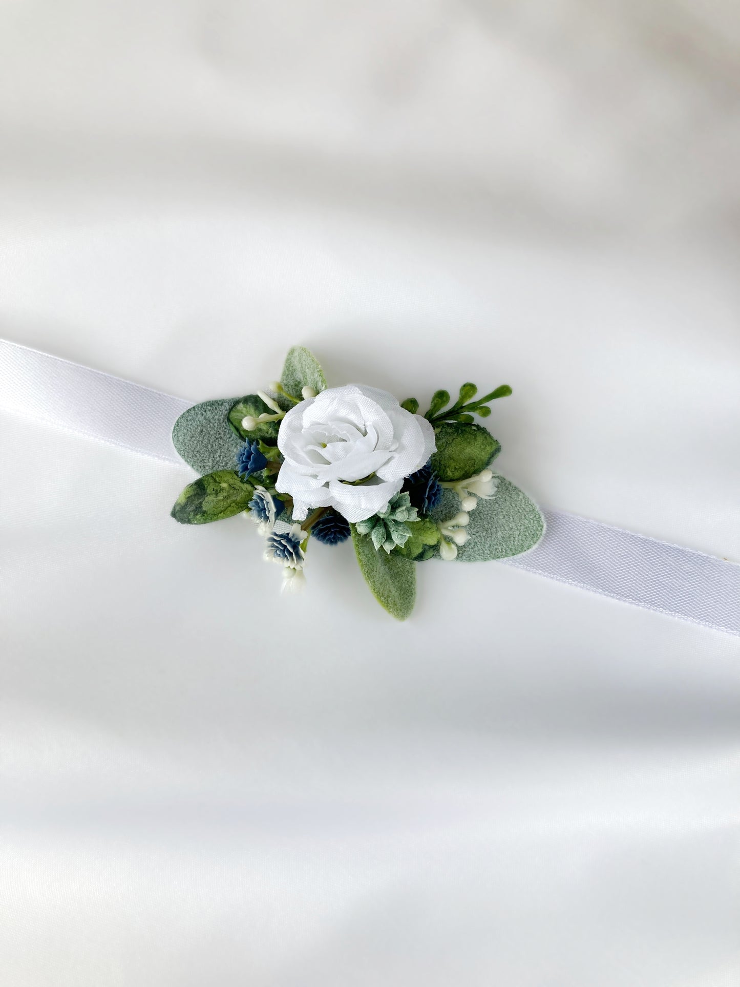 Small Dusty Blue + White Child-Sized Wrist Corsage