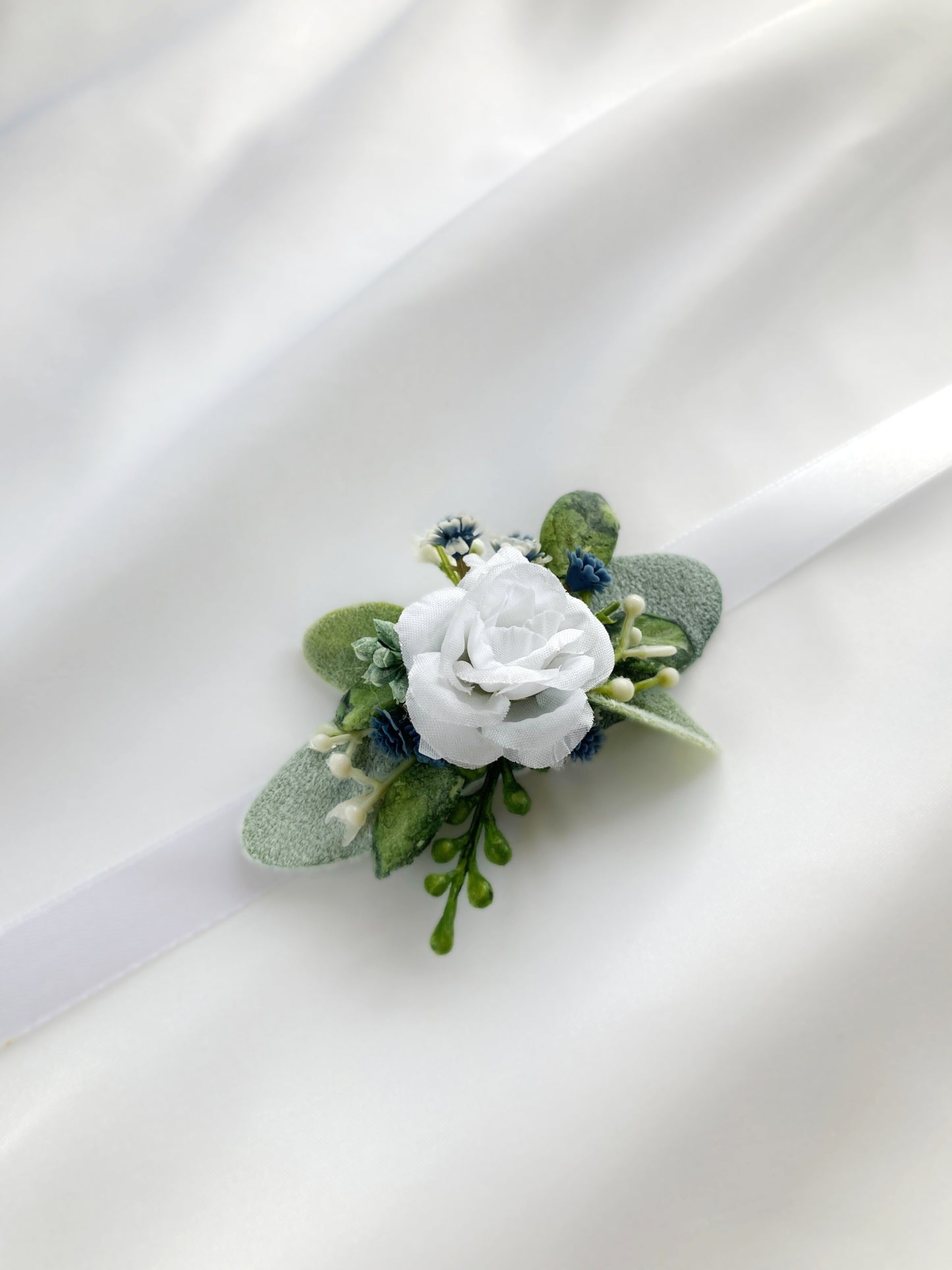 Small Dusty Blue + White Child-Sized Wrist Corsage