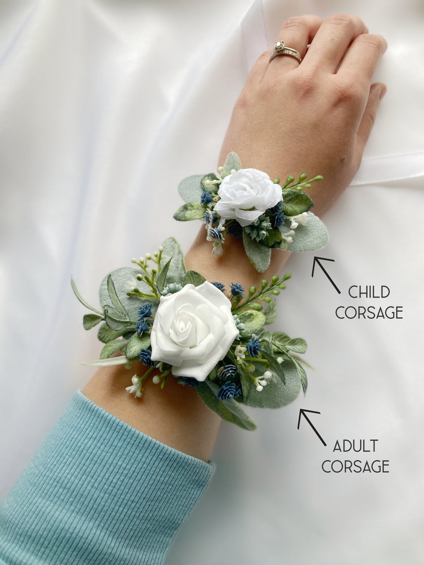 Small Dusty Blue + White Child-Sized Wrist Corsage