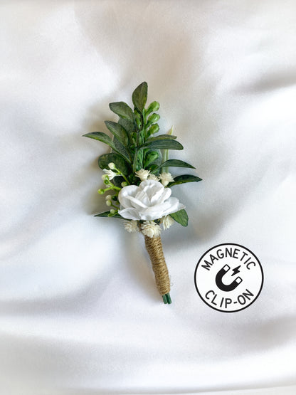 White Rose Magnetic Clip-On Boutonniere