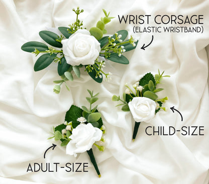 White Rose + Green Eucalyptus Magnetic Mens Wedding Boutonniere