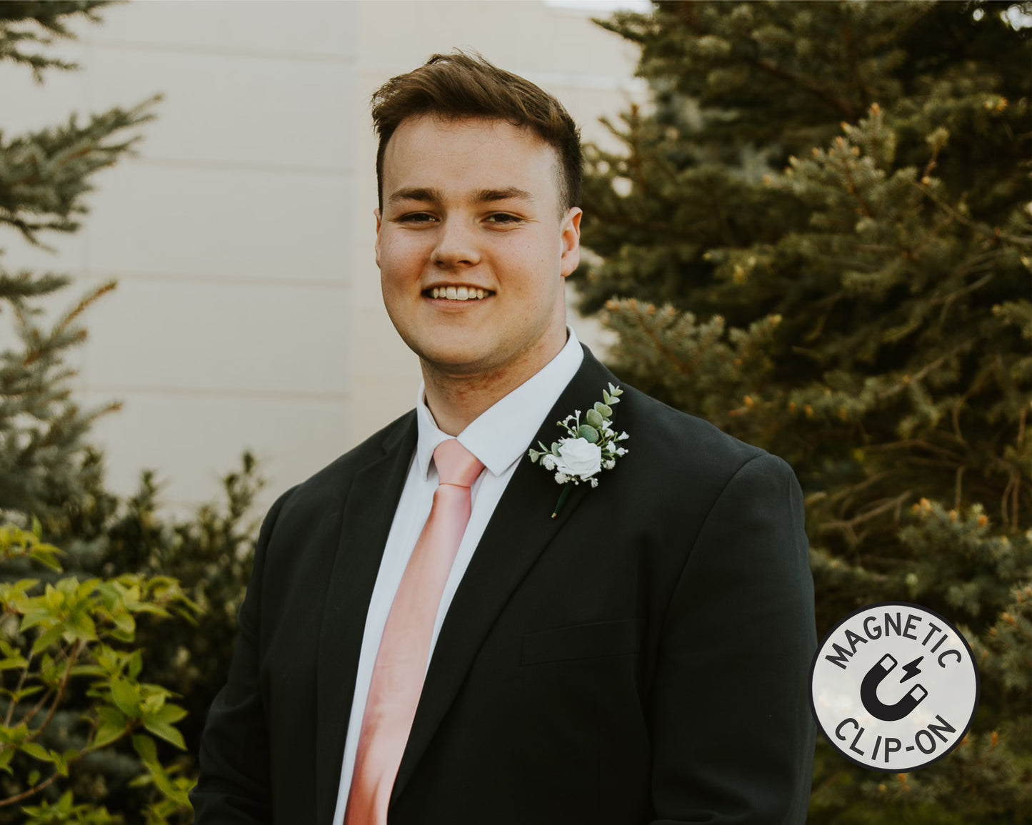 White + Green Eucalyptus Boutonniere, Magnetic Mens Wedding Boutonniere, White Rose Groom Boutonniere, Greenery Babys Breath Boutonniere