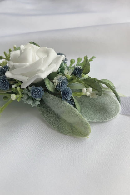 Dusty Blue + White Wrist Corsage